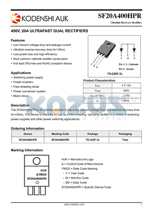 SF20A400HPR datasheet - 400V, 20A ULTRAFAST DUAL RECTIFIERS