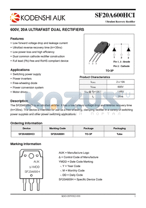 SF20A600HCI datasheet - 600V, 20A ULTRAFAST DUAL RECTIFIERS