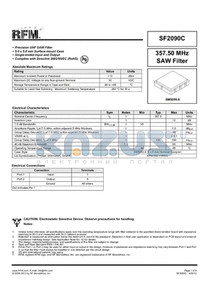 SF2090C datasheet - 357.50 MHz SAW Filter