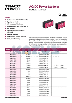 TMLM04225 datasheet - AC/DC Power Modules TMLM Series, 4 to 20 Watt