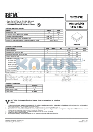 SF2093E datasheet - 915.00 MHz SAW Filter