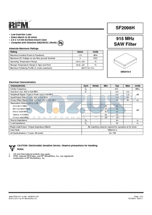 SF2098H datasheet - 915 MHz SAW Filter