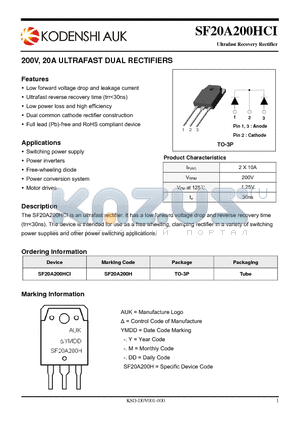 SF20A200HCI datasheet - 200V, 20A ULTRAFAST DUAL RECTIFIERS