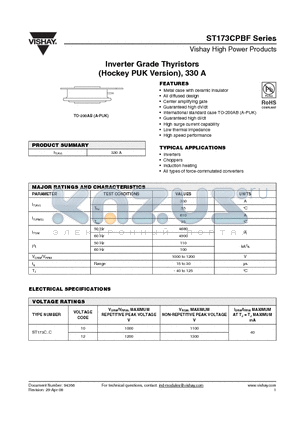 ST173C12CHK3P datasheet - Inverter Grade Thyristors (Hockey PUK Version), 330 A