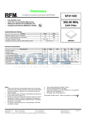 SF2110D datasheet - 305.00 MHz SAW Filter