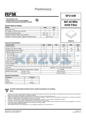 SF2134E datasheet - 897.50 MHz SAW Filter