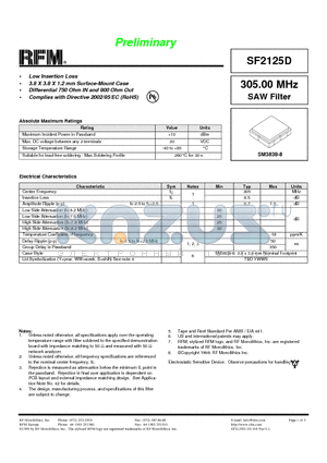 SF2125D datasheet - 305.00 MHz SAW Filter