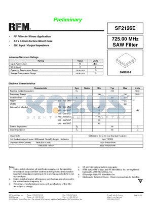 SF2126E datasheet - 725.00 MHz SAW Filter