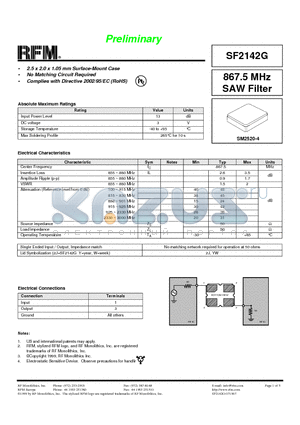 SF2142G datasheet - 867.5 MHz SAW Filter