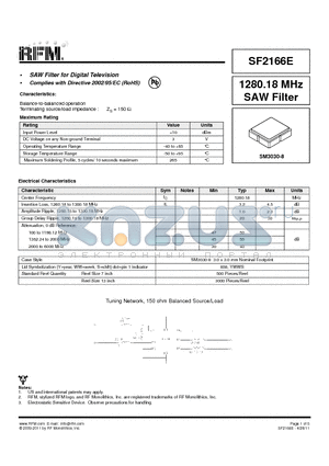 SF2166E datasheet - 1280.18 MHz SAW Filter