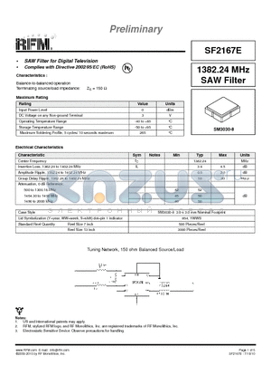 SF2167E datasheet - 1382.24 MHz SAW Filter