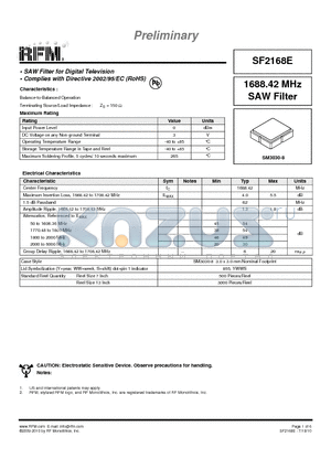 SF2168E datasheet - 1688.42 MHz SAW Filter