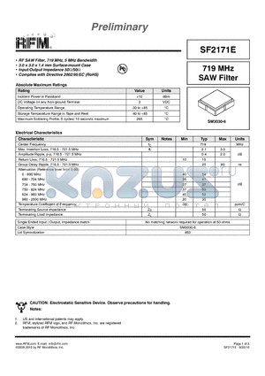 SF2171E datasheet - 719 MHz SAW Filter