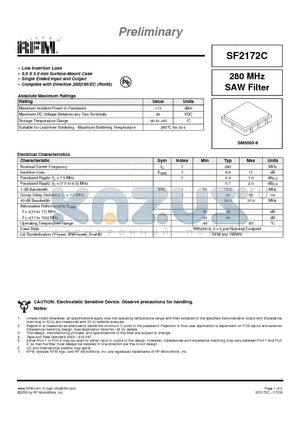 SF2172C datasheet - 280 MHz SAW Filter