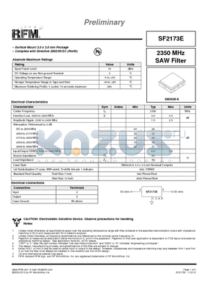 SF2173E datasheet - 2350 MHz SAW Filter