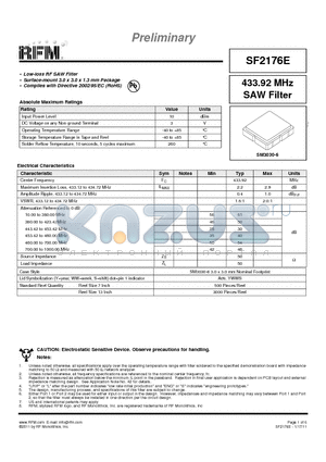 SF2176E datasheet - 433.92 MHz SAW Filter