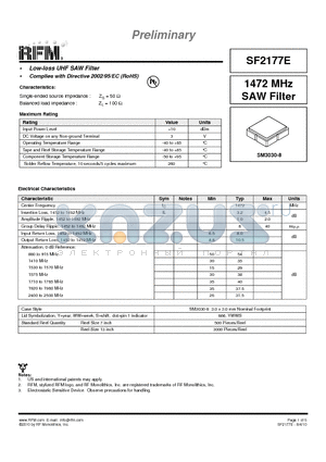 SF2177E datasheet - 1472 MHz SAW Filter