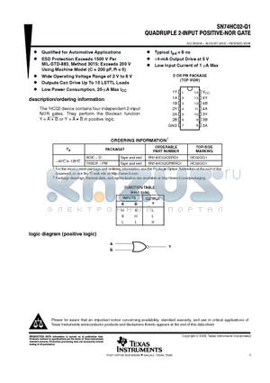 SN74HC02QDRQ1 datasheet - QUADRUPLE 2-INPUT POSITIVE-NOR GATE