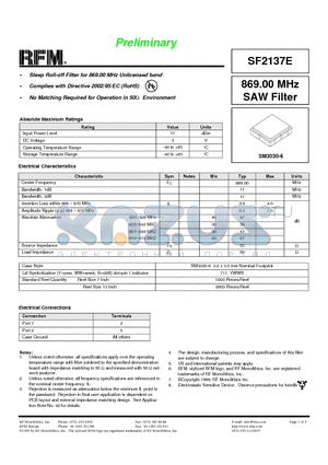 SF2137E datasheet - 869.00 MHz SAW Filter