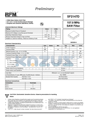 SF2147D datasheet - 157.0 MHz SAW Filter