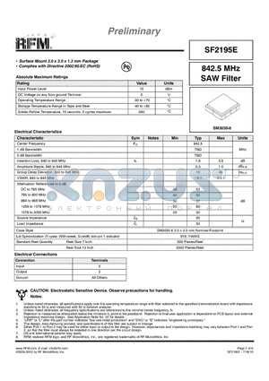 SF2195E datasheet - 842.5 MHz SAW Filter
