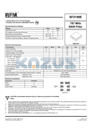 SF2199E datasheet - 787 MHz SAW Filter
