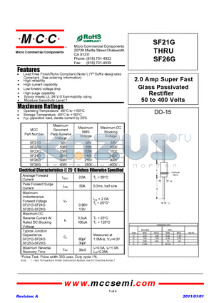 SF21G datasheet - 2.0 Amp Super Fast Glass Passivated Rectifier 50 to 400 Volts