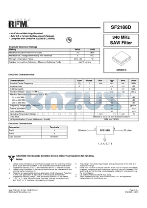 SF2188D datasheet - 340 MHz SAW Filter