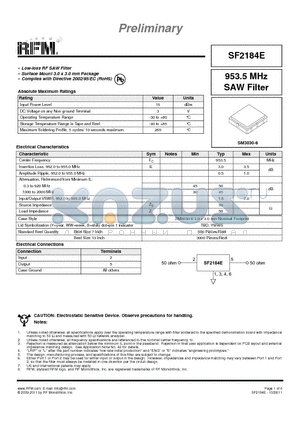 SF2184E datasheet - 953.5 MHz SAW Filter