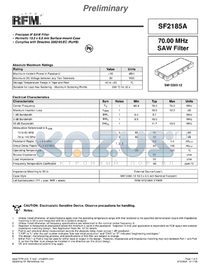 SF2185A datasheet - Precision IF SAW Filter