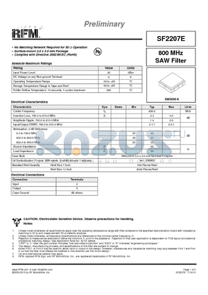 SF2207E datasheet - 800 MHz SAW Filter