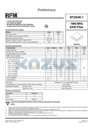 SF2204E-1 datasheet - 1900 MHz SAW Filter