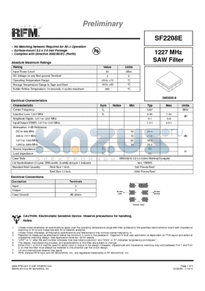 SF2208E datasheet - 1227 MHz SAW Filter