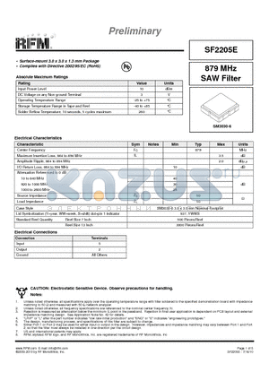 SF2205E datasheet - 879 MHz SAW Filter