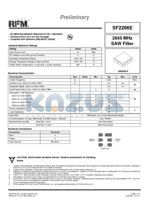 SF2206E datasheet - 2655 MHz SAW Filter