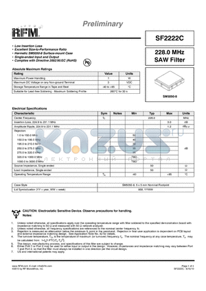 SF2222C datasheet - 228.0 MHz SAW Filter