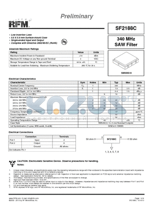 SF2188C datasheet - 340 MHz SAW Filter