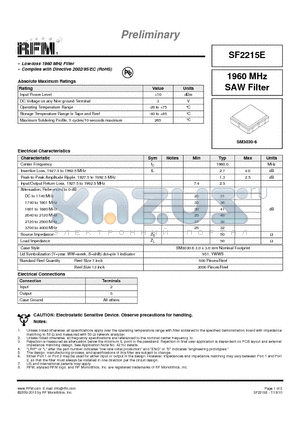 SF2215E datasheet - 1960 MHz SAW Filter