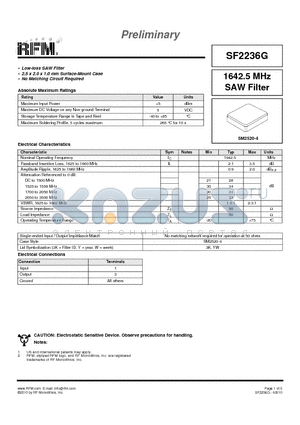 SF2236G datasheet - 1642.5 MHz SAW Filter