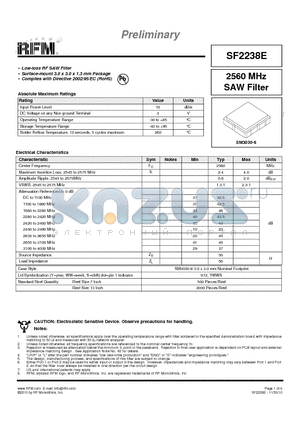 SF2238E datasheet - 2560 MHz SAW Filter