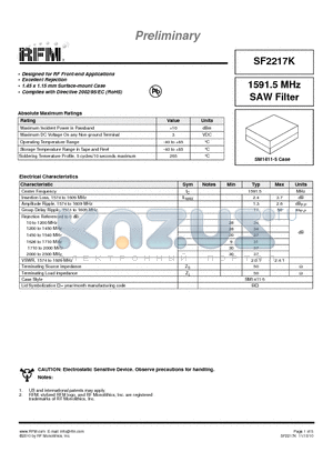 SF2217K datasheet - 1591.5 MHz SAW Filter