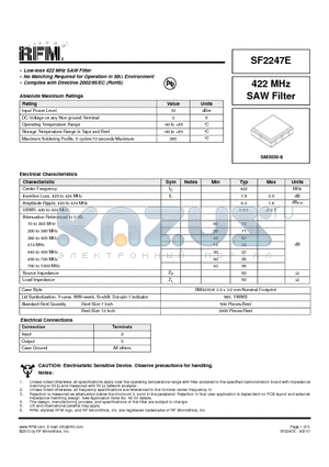 SF2247E datasheet - 422 MHz SAW Filter