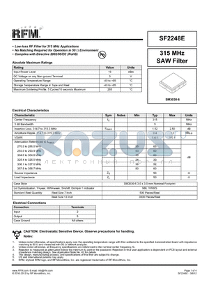 SF2248E datasheet - 315 MHz SAW Filter