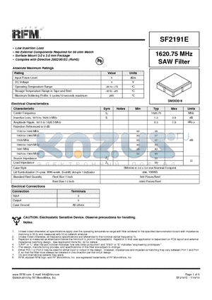 SF2191E datasheet - 1620.75 MHz SAW Filter