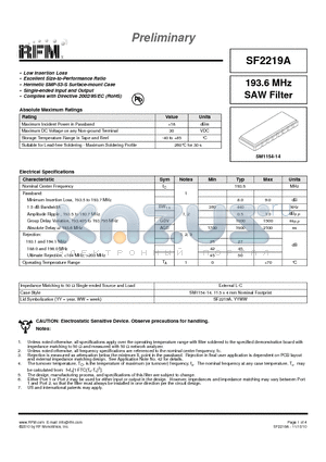 SF2219A datasheet - 193.6 MHz SAW Filter