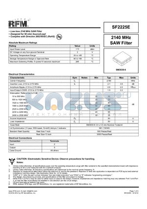 SF2225E datasheet - 2140 MHz SAW Filter