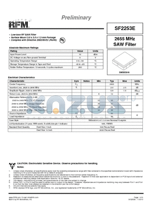 SF2253E datasheet - 2655 MHz SAW Filter