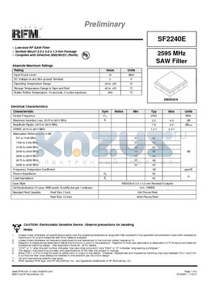 SF2240E datasheet - 2595 MHz SAW Filter