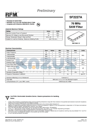 SF2227A datasheet - Precision IF SAW Filter