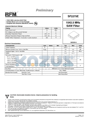 SF2275E datasheet - 1542.5 MHz SAW Filter